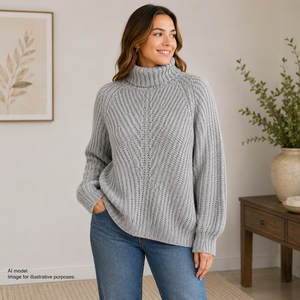 POL Sweater Womens Large Gray Waffle Knit Turtleneck Raglan Pullover Cozy